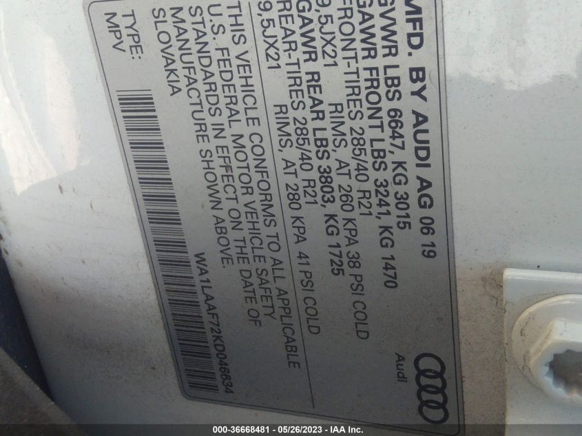 2019 AUDI Q7 PREMIUM PLUS - WA1LAAF72KD046634
