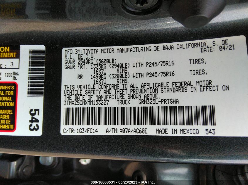 2021 TOYOTA TACOMA 2WD SR5/TRD SPORT 3TMAZ5CNXMM153227