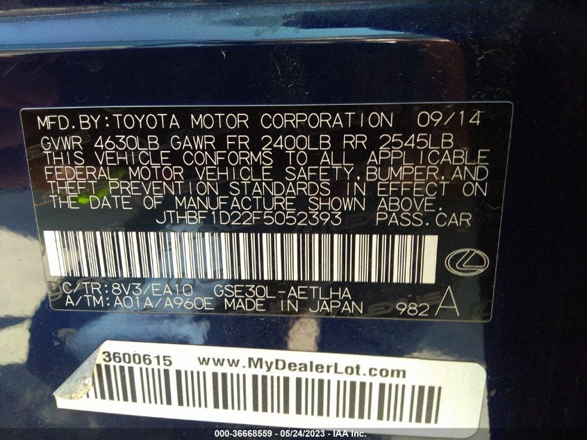 2015 LEXUS IS 250 - JTHBF1D22F5052393