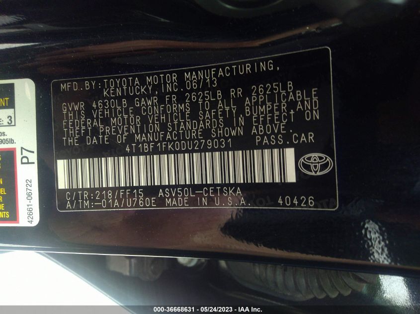 2013 TOYOTA CAMRY L/LE/SE/XLE - 4T1BF1FK0DU279031
