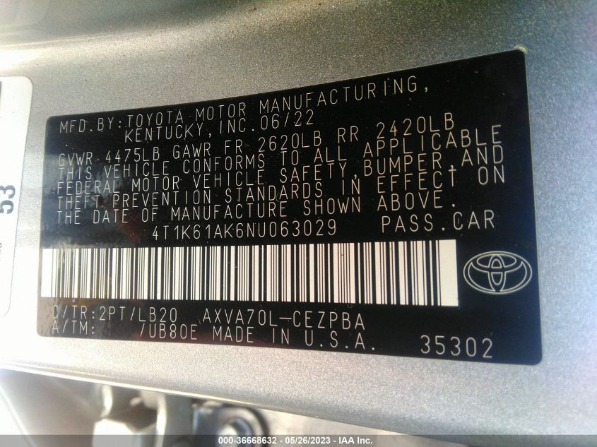 2022 TOYOTA CAMRY XSE - 4T1K61AK6NU063029