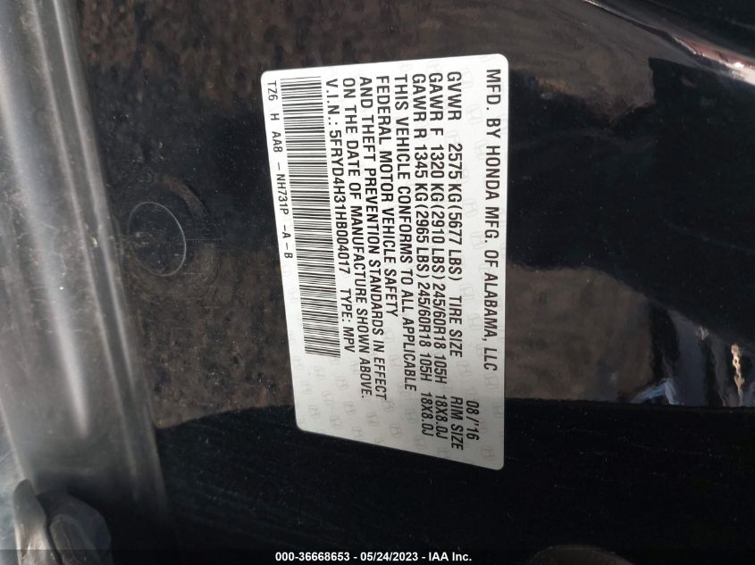 2017 ACURA MDX - 5FRYD4H31HB004017