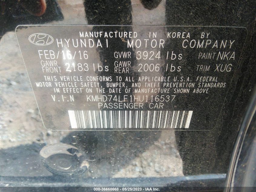 2017 HYUNDAI ELANTRA SE - KMHD74LF1HU116537