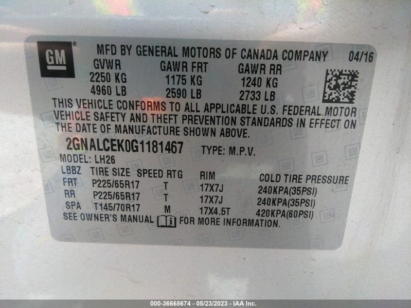 2016 CHEVROLET EQUINOX LT - 2GNALCEK0G1181467