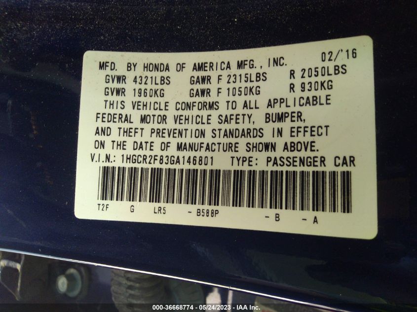 2016 HONDA ACCORD SEDAN EX-L - 1HGCR2F83GA146801