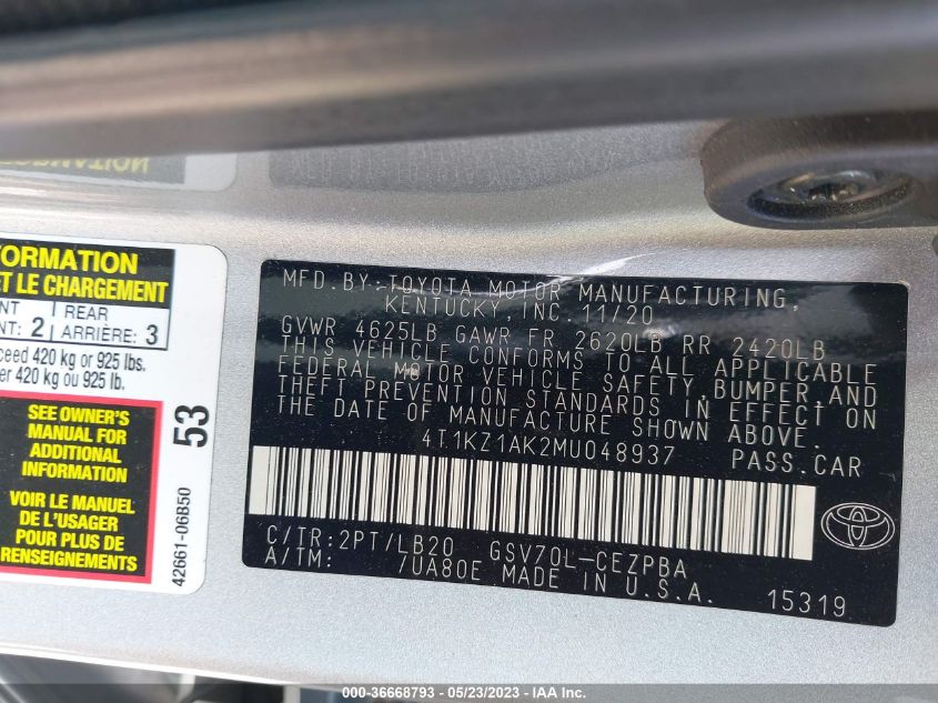 2021 TOYOTA CAMRY V6 - 4T1KZ1AK2MU048937