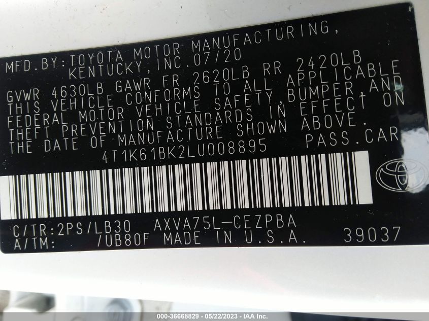2020 TOYOTA CAMRY XSE - 4T1K61BK2LU008895