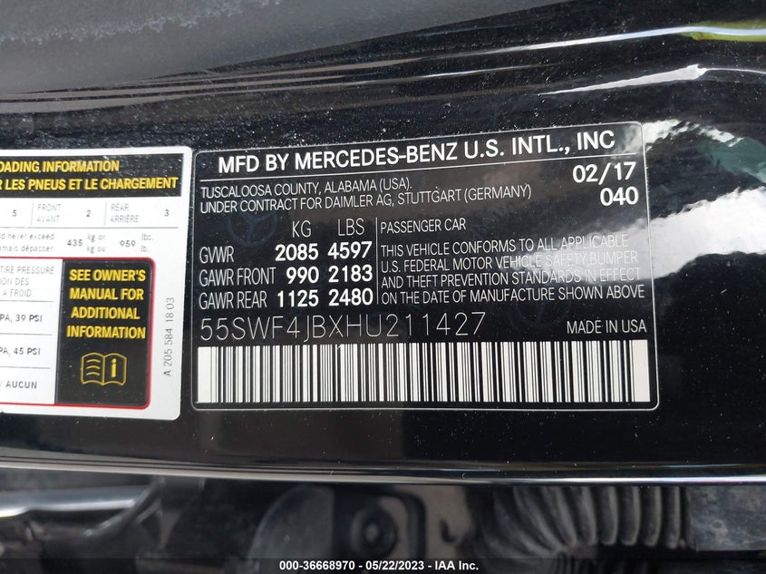 VIN 55SWF4JBXHU211427 2017 MERCEDES-BENZ C-CLASS C 300