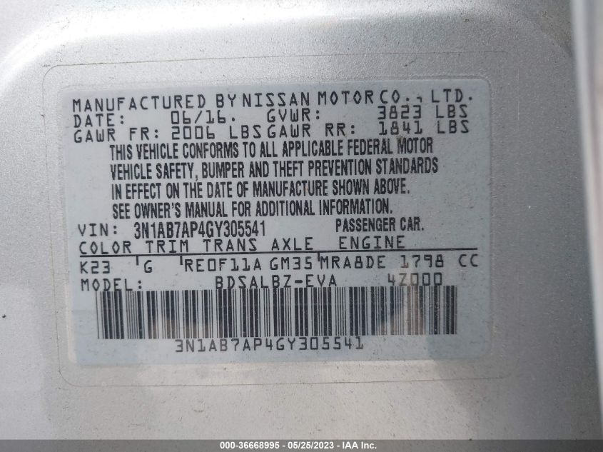 2016 NISSAN SENTRA SR/SL/S/SV/FE+ S - 3N1AB7AP4GY305541
