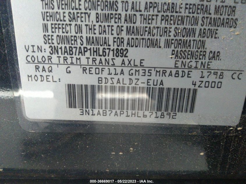 2017 NISSAN SENTRA SV - 3N1AB7AP1HL671892