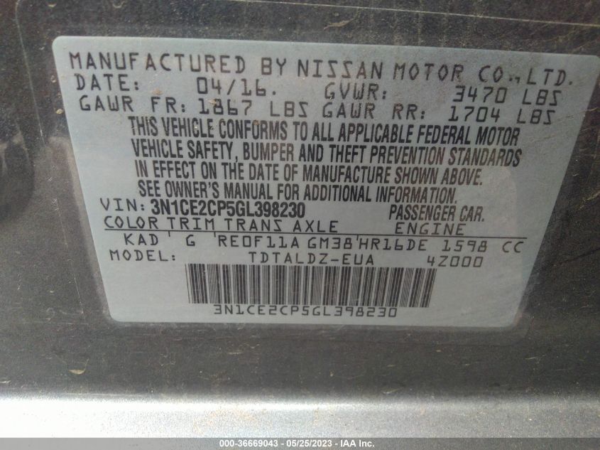 2016 NISSAN VERSA NOTE S/S PLUS/SV/SR/SL - 3N1CE2CP5GL398230