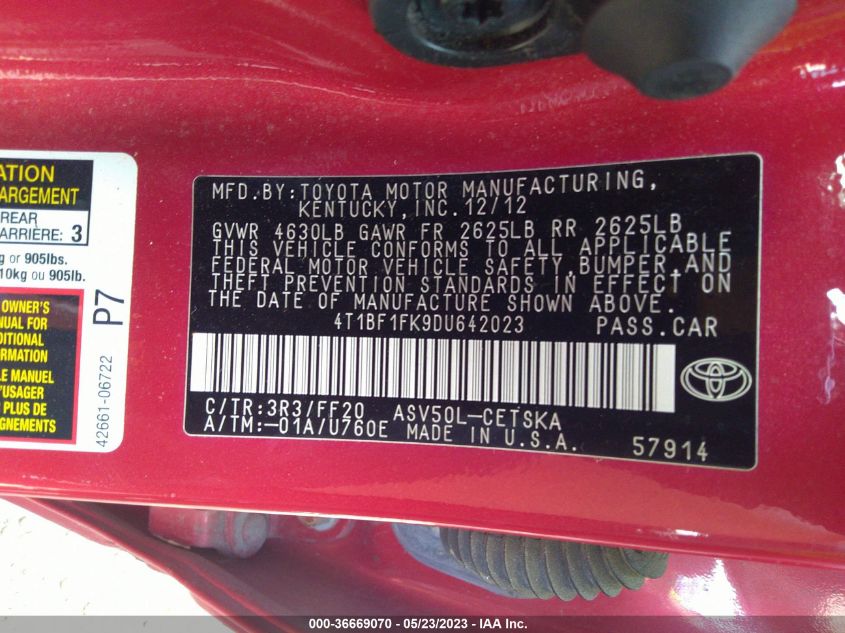 2013 TOYOTA CAMRY SE - 4T1BF1FK9DU642023