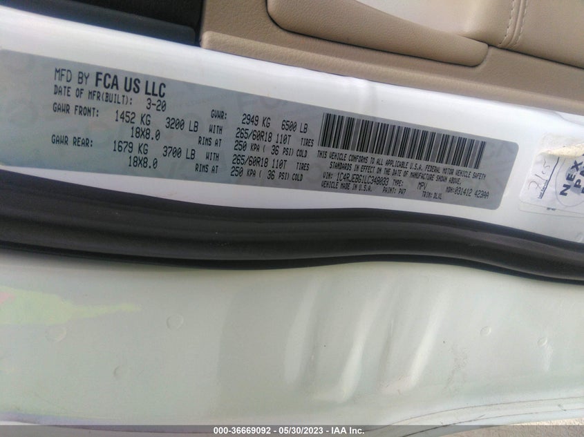 VIN 1C4RJEBG1LC348033 2020 JEEP GRAND CHEROKEE LIMITED