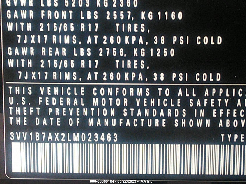 VIN 3VV1B7AX2LM023463 2020 VOLKSWAGEN TIGUAN S