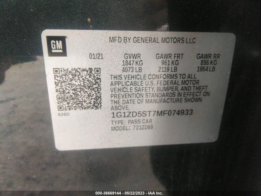 2021 CHEVROLET MALIBU LT - 1G1ZD5ST7MF074933