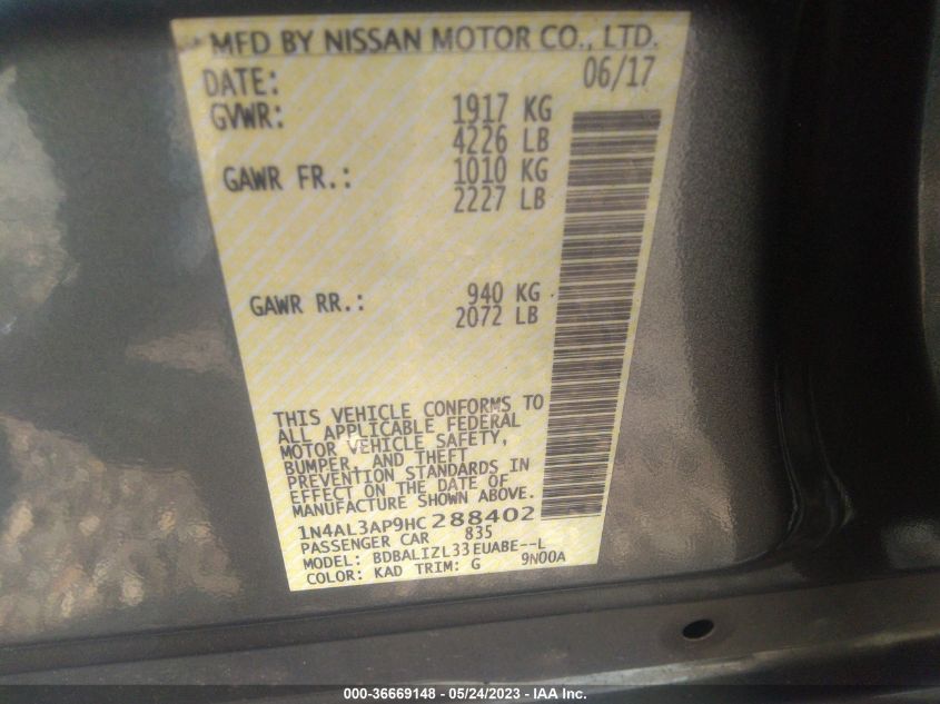 2017 NISSAN ALTIMA 2.5 SV - 1N4AL3AP9HC288402