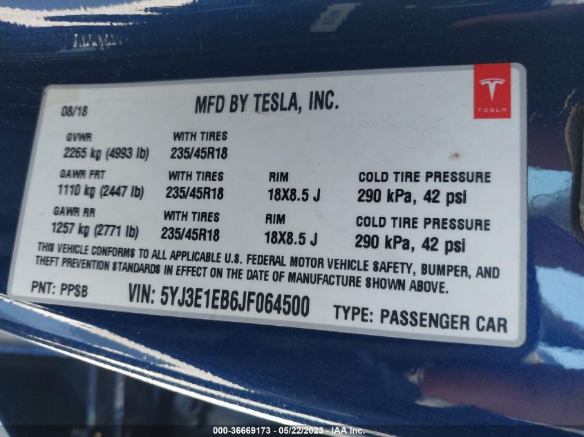 2018 TESLA MODEL 3 LONG RANGE - 5YJ3E1EB6JF064500