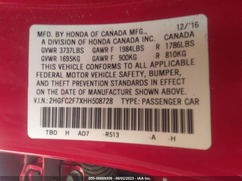 2017 HONDA CIVIC SEDAN EX - 2HGFC2F7XHH508728