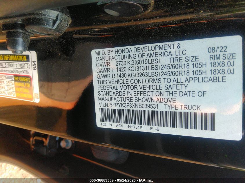 2022 HONDA RIDGELINE BLACK EDITION - 5FPYK3F8XNB039531