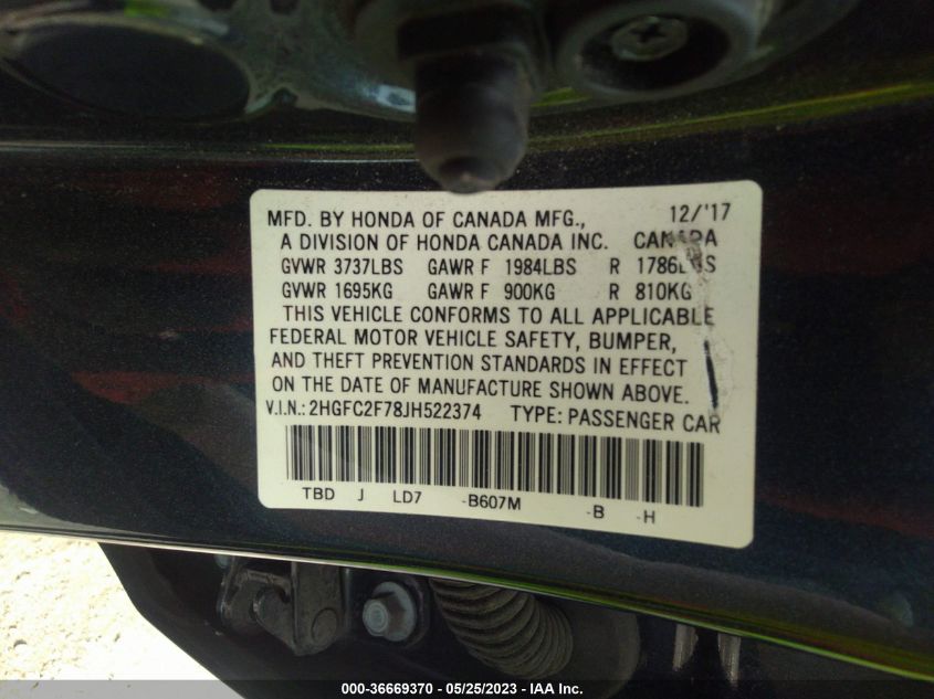 2018 HONDA CIVIC SEDAN EX - 2HGFC2F78JH522374