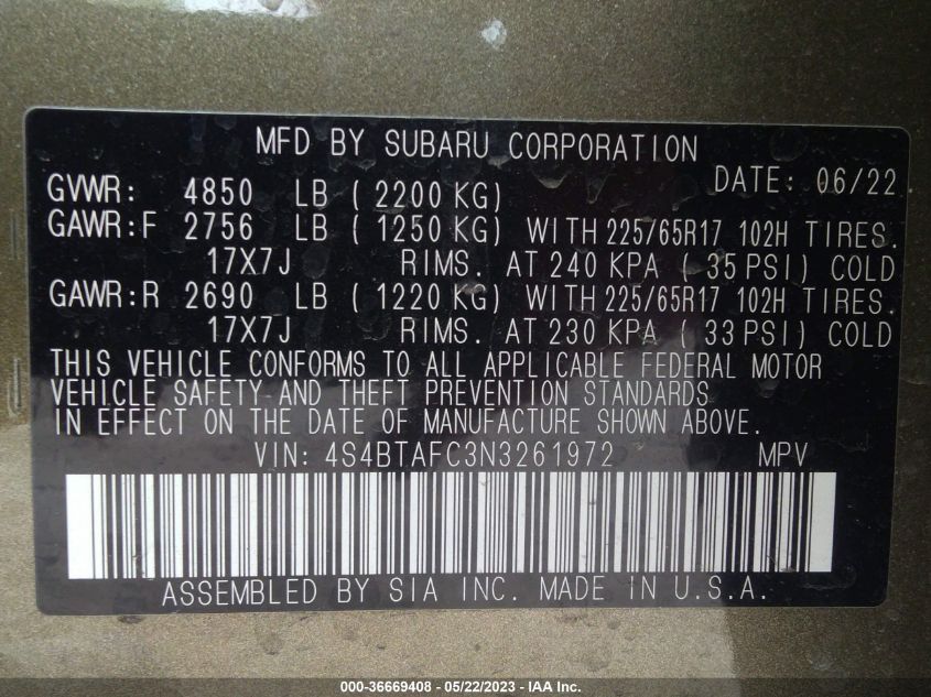 2022 SUBARU OUTBACK PREMIUM - 4S4BTAFC3N3261972