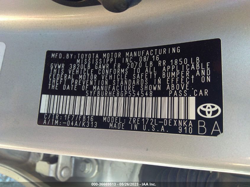 2016 TOYOTA COROLLA L/LE/S/S PLUS/LE PLUS - 5YFBURHE8GP554548