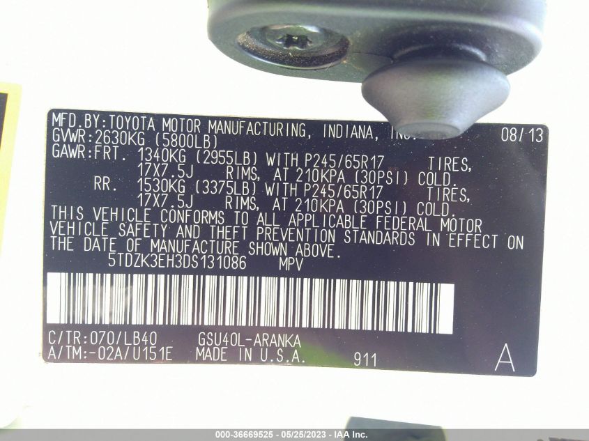 2013 TOYOTA HIGHLANDER - 5TDZK3EH3DS131086