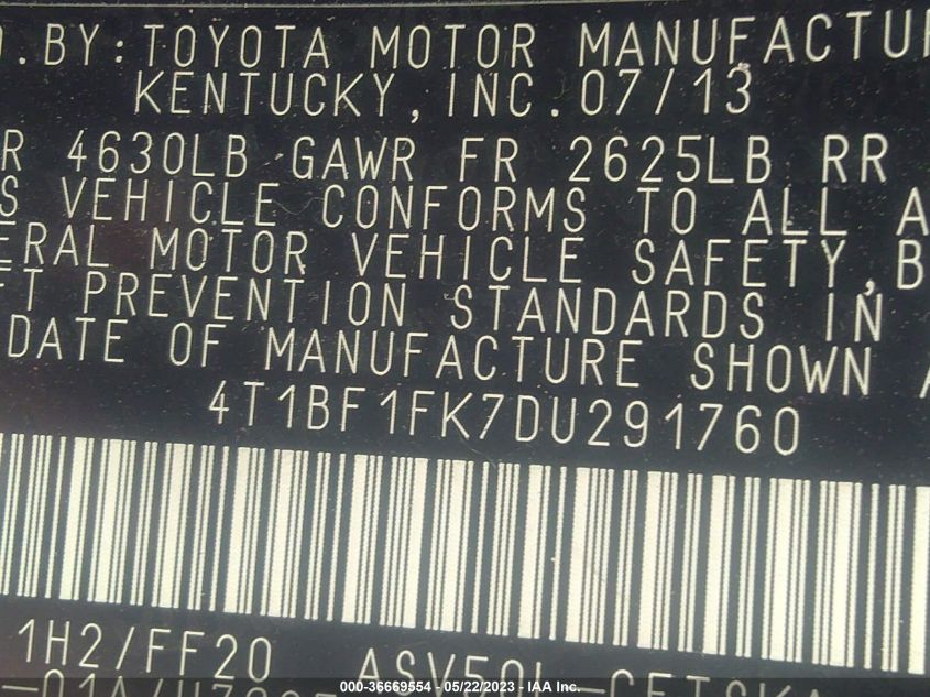 2013 TOYOTA CAMRY SE - 4T1BF1FK7DU291760