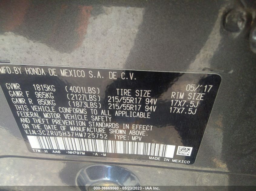 2017 HONDA HR-V LX - 3CZRU5H37HM725752