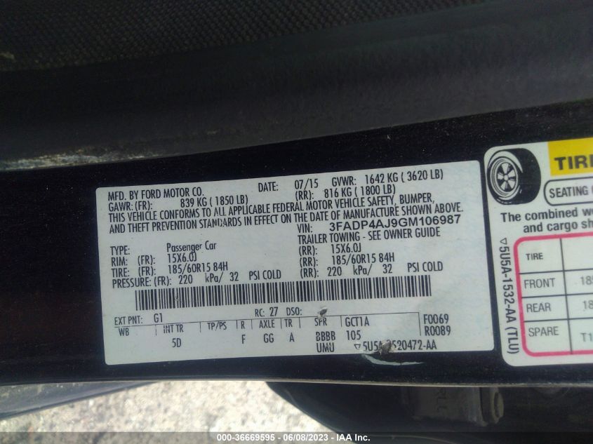 2016 FORD FIESTA S - 3FADP4AJ9GM106987