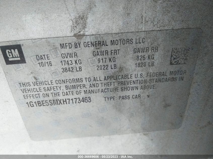 2017 CHEVROLET CRUZE LT - 1G1BE5SMXH7173463