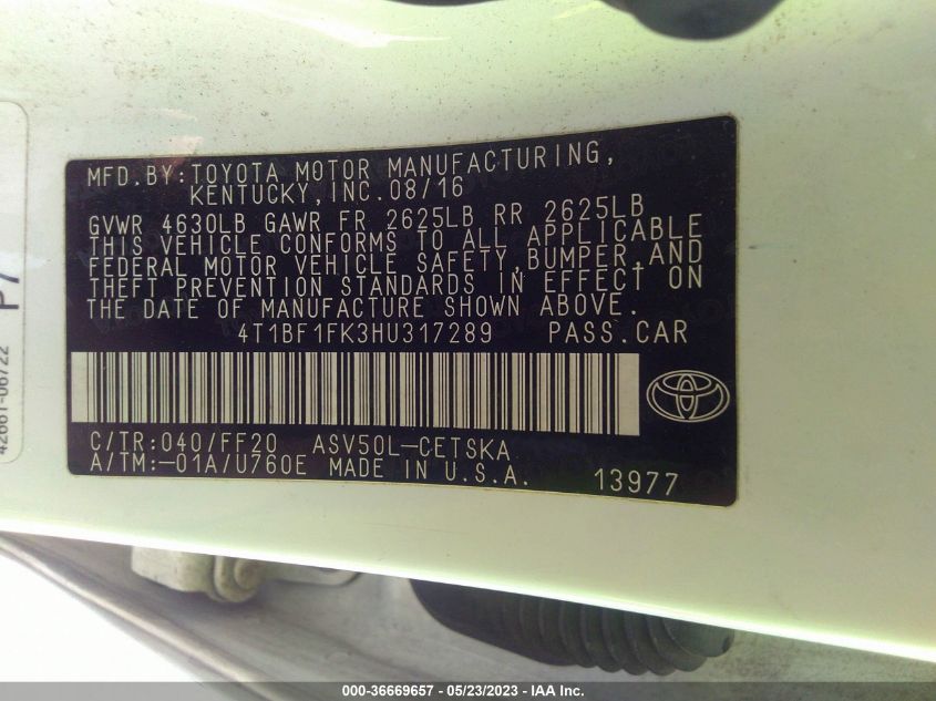 2017 TOYOTA CAMRY XLE/SE/LE/XSE - 4T1BF1FK3HU317289
