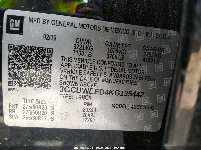 2019 CHEVROLET SILVERADO 1500 LTZ - 3GCUWEED4KG135442