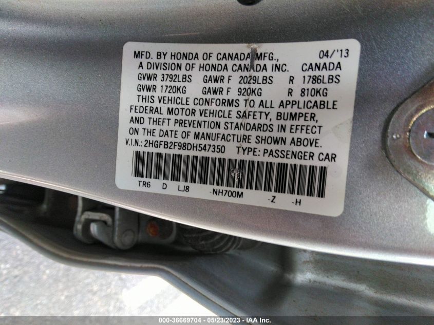 2013 HONDA CIVIC SDN EX-L - 2HGFB2F98DH547350