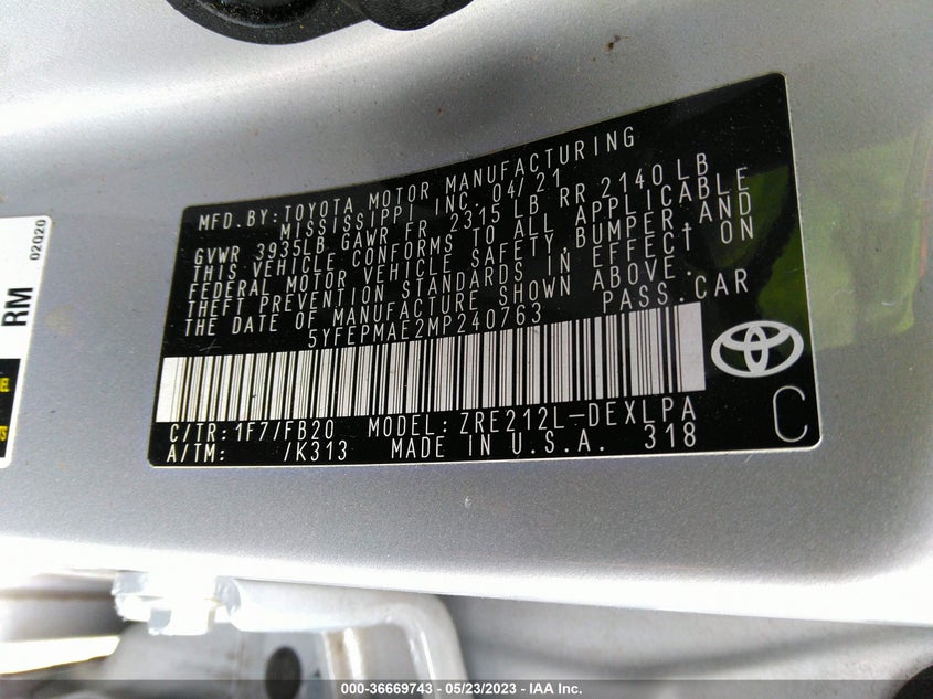 VIN 5YFEPMAE2MP240763 2021 TOYOTA COROLLA LE