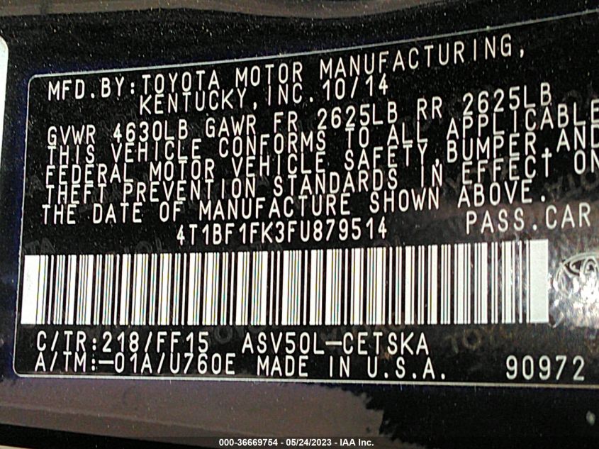 2015 TOYOTA CAMRY XLE/SE/LE/XSE - 4T1BF1FK3FU879514