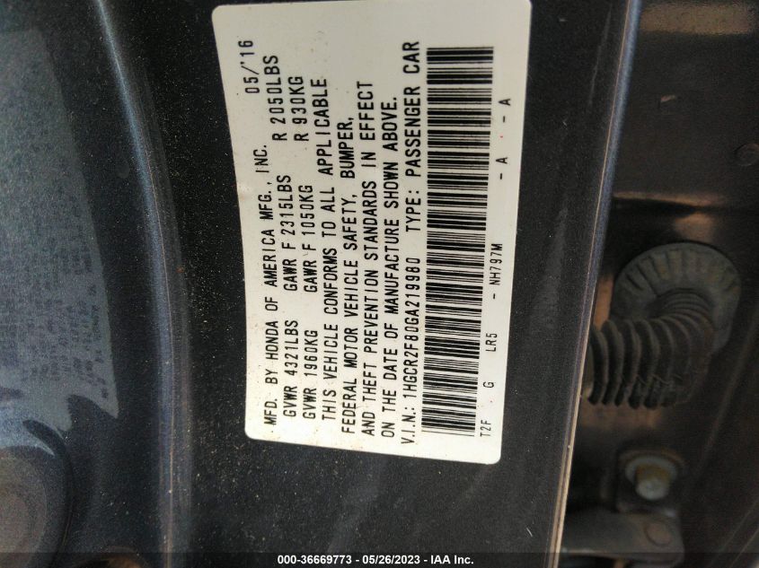 2016 HONDA ACCORD SEDAN EX-L - 1HGCR2F80GA219980
