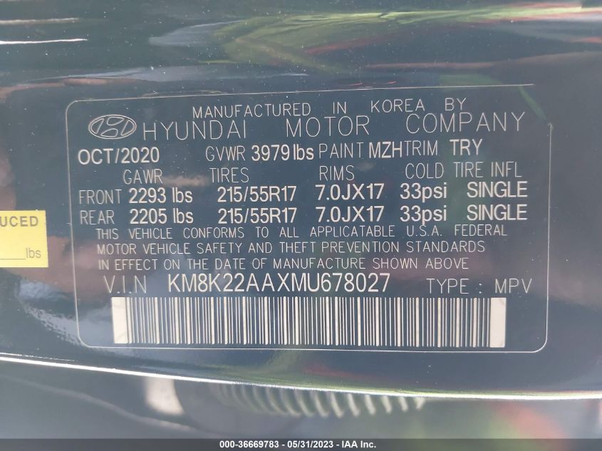 2021 HYUNDAI KONA SEL - KM8K22AAXMU678027
