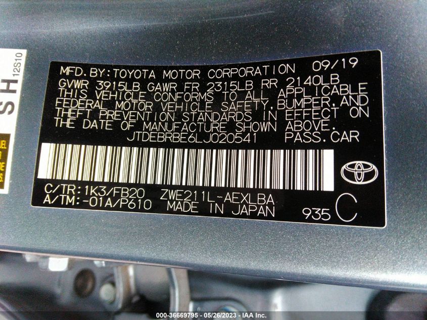 2020 TOYOTA COROLLA HYBRID LE - JTDEBRBE6LJ020541