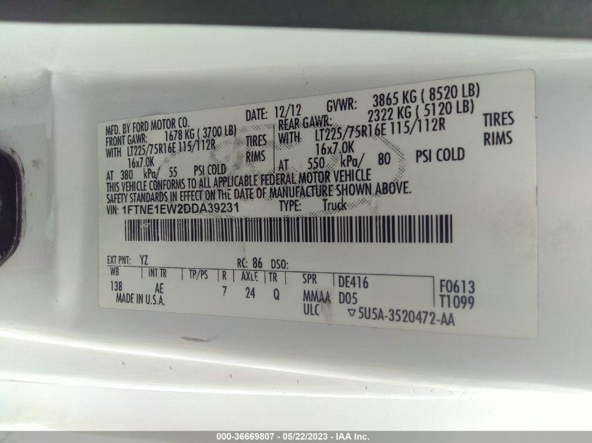 2013 FORD ECONOLINE CARGO VAN COMMERCIAL/RECREATIONAL 1FTNE1EW2DDA39231