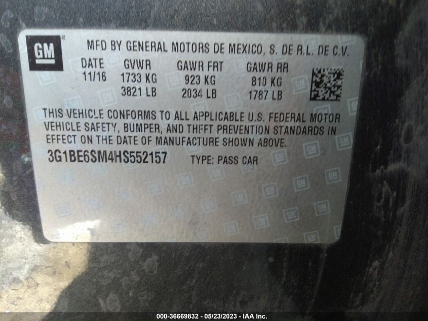 2017 CHEVROLET CRUZE LT - 3G1BE6SM4HS552157