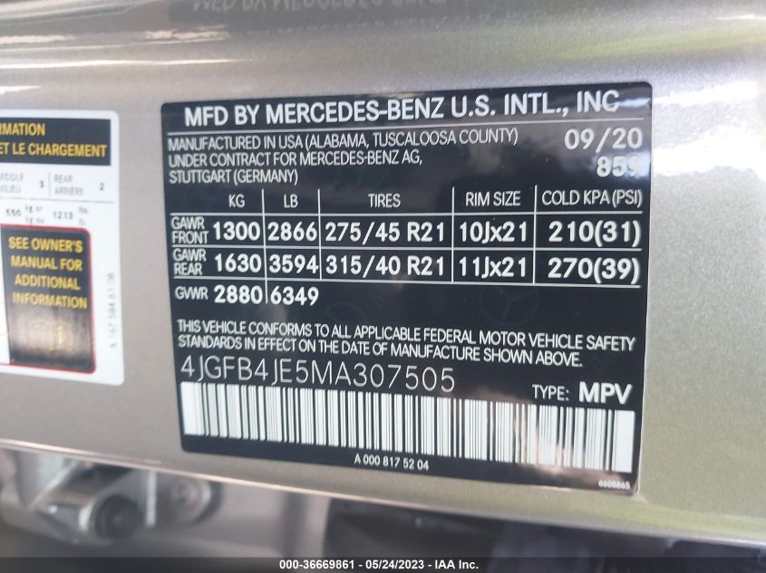 2021 MERCEDES-BENZ GLE GLE 350 - 4JGFB4JE5MA307505