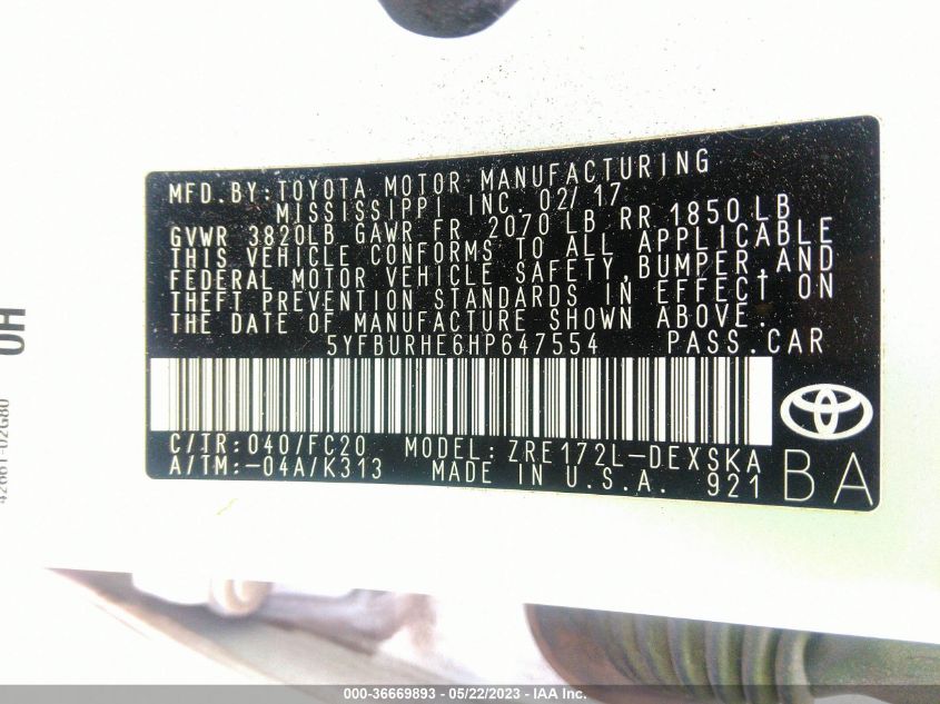 2017 TOYOTA COROLLA L/LE/XLE/SE - 5YFBURHE6HP647554