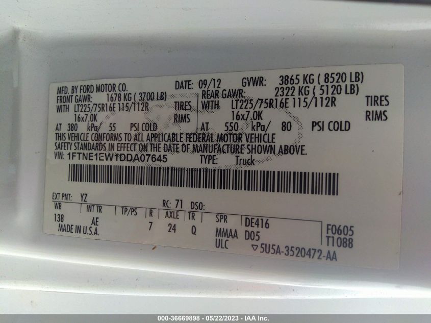 2013 FORD ECONOLINE CARGO VAN COMMERCIAL/RECREATIONAL 1FTNE1EW1DDA07645
