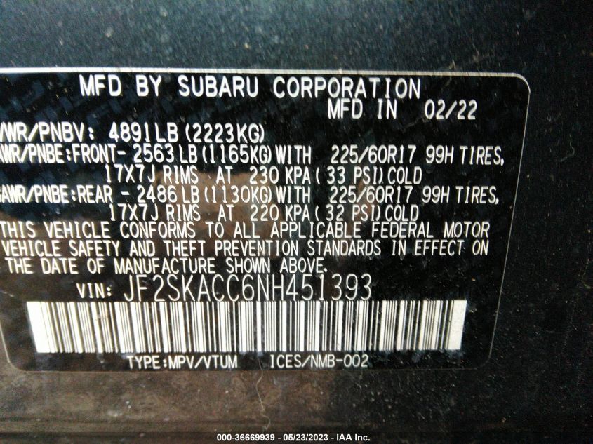 2022 SUBARU FORESTER - JF2SKACC6NH451393