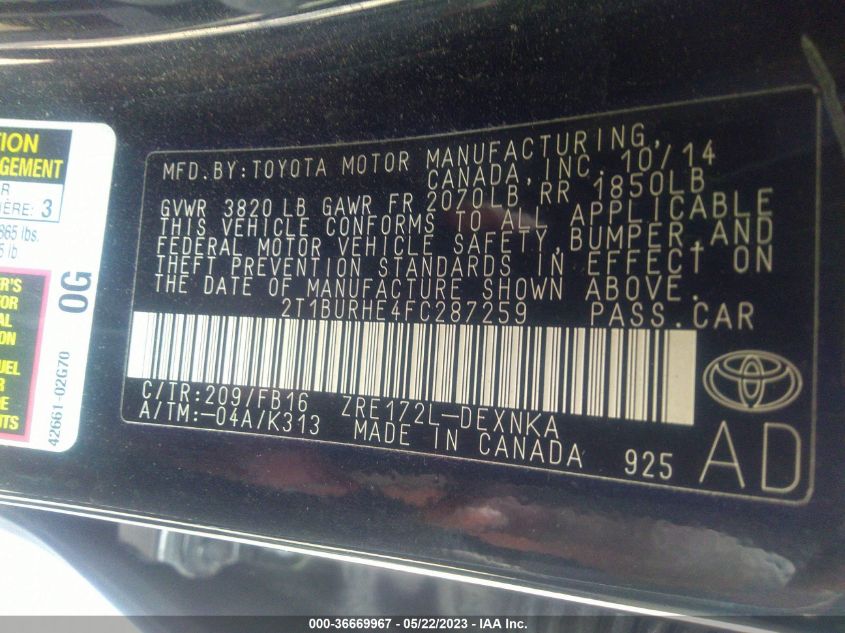2015 TOYOTA COROLLA L/LE/S/S PLUS/LE PLUS - 2T1BURHE4FC287259