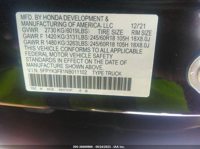 2022 HONDA RIDGELINE BLACK EDITION - 5FPYK3F81NB011102