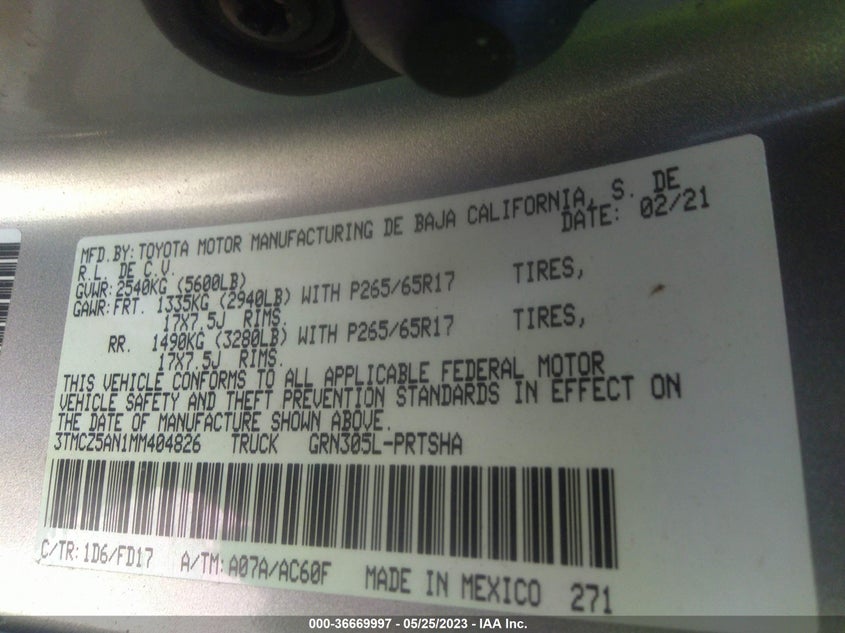 VIN 3TMCZ5AN1MM404826 2021 TOYOTA TACOMA 4WD SR/SR5/TRD SPORT