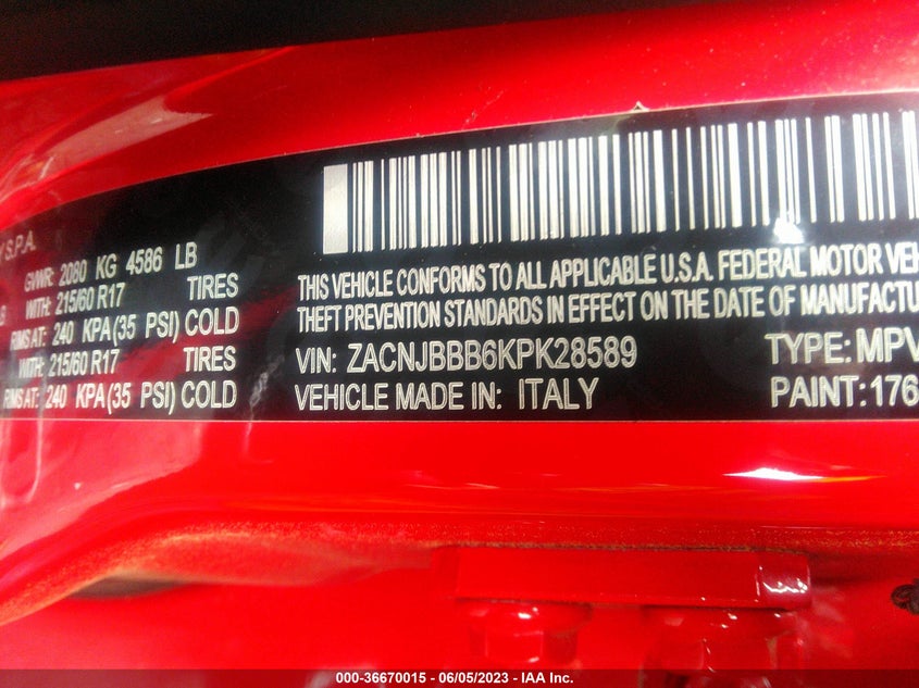 VIN ZACNJBBB6KPK28589 2019 JEEP RENEGADE LATITUDE