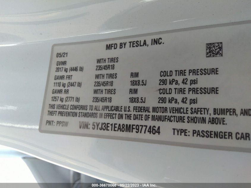 2021 TESLA MODEL 3 STANDARD RANGE PLUS - 5YJ3E1EA8MF977464